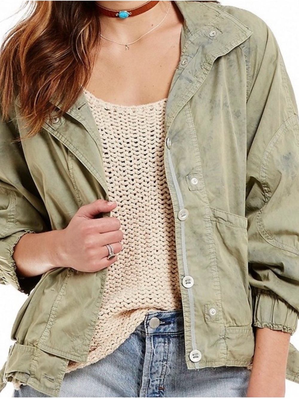 Free People Parachute Olive Green Distressed Utility Jacket Size M pre-owned